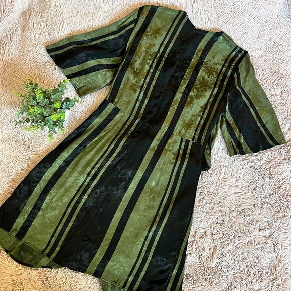NWT Zara Woman Green & Black Stripe Print Faux Wrap Tie Front Dress - Small - Picture 9 of 15